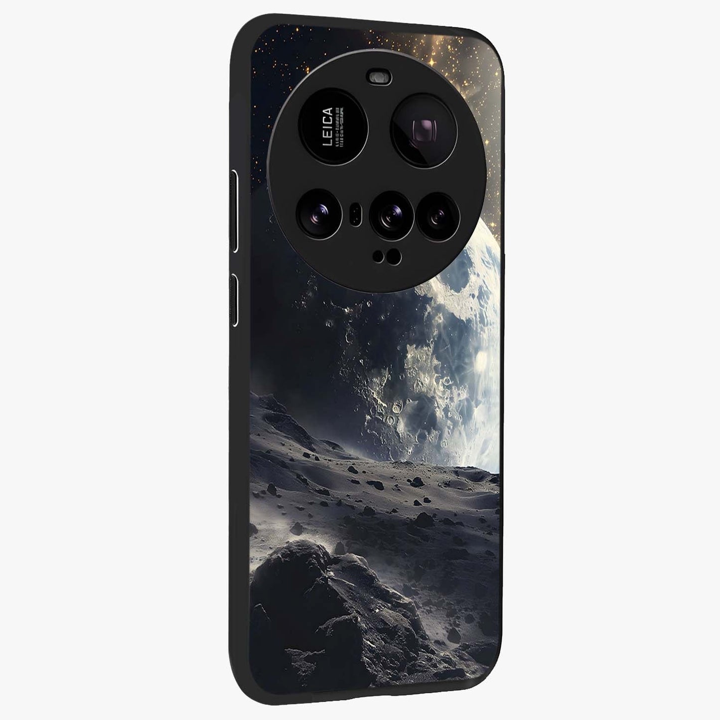 Lunar Horizon Glow Glass Case upright view showcasing radiant lunar artwork with calm cosmic theme.