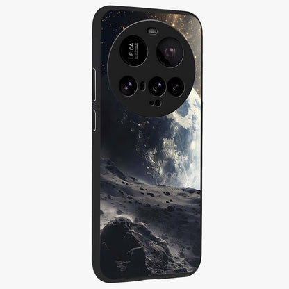 Lunar Horizon Glow Glass Case upright view showcasing radiant lunar artwork with calm cosmic theme.