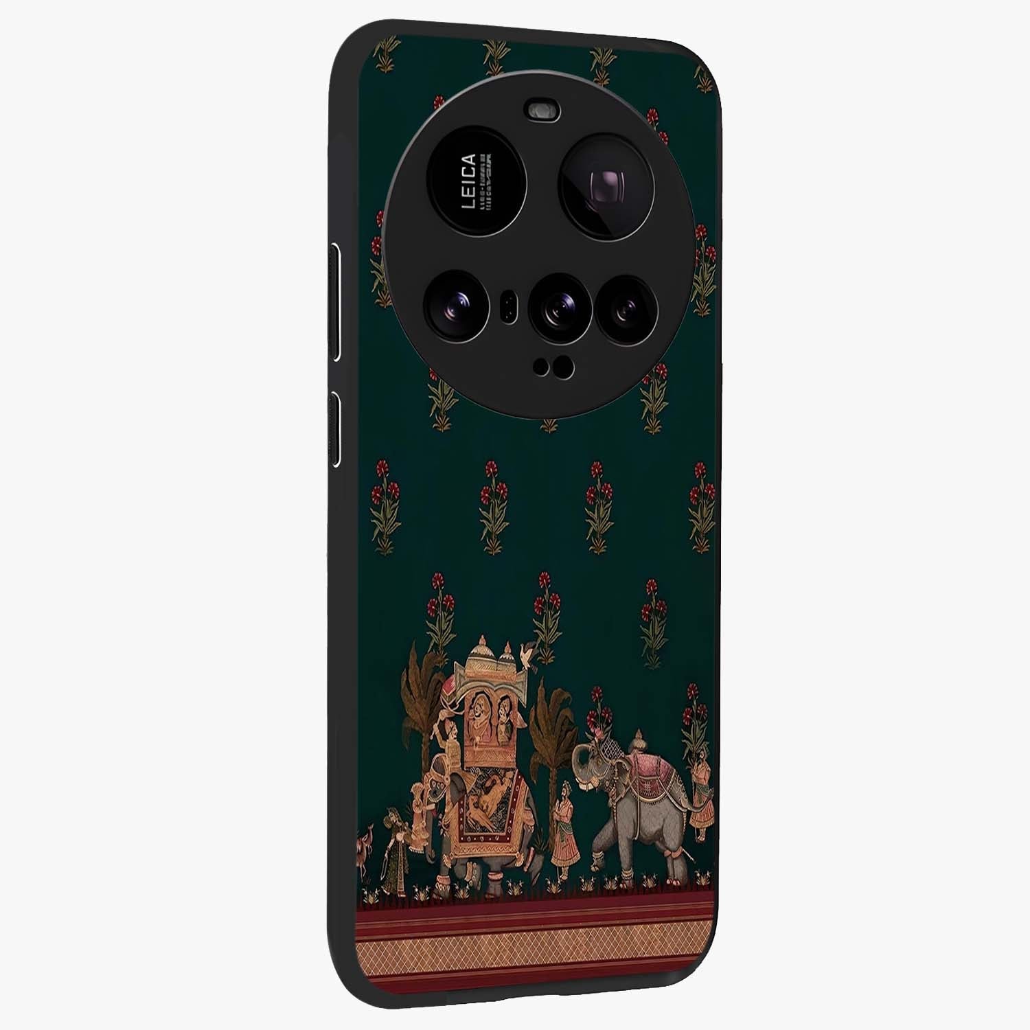 Macmerise Glass Case upright view showcasing bold artistic artwork with contemporary design theme.