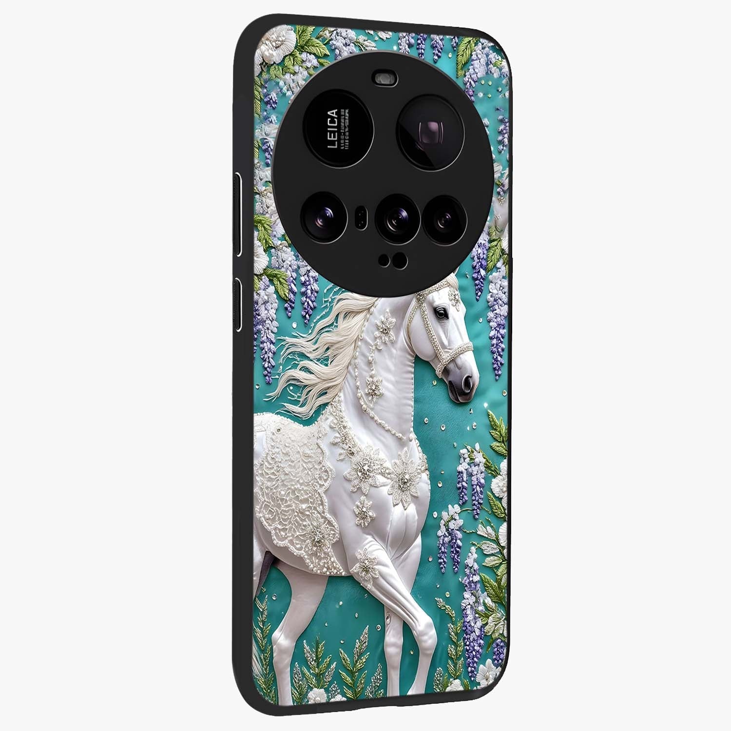 Majestic Floral Stallion Glass Case upright view showcasing dramatic horse artwork with decorative floral theme.