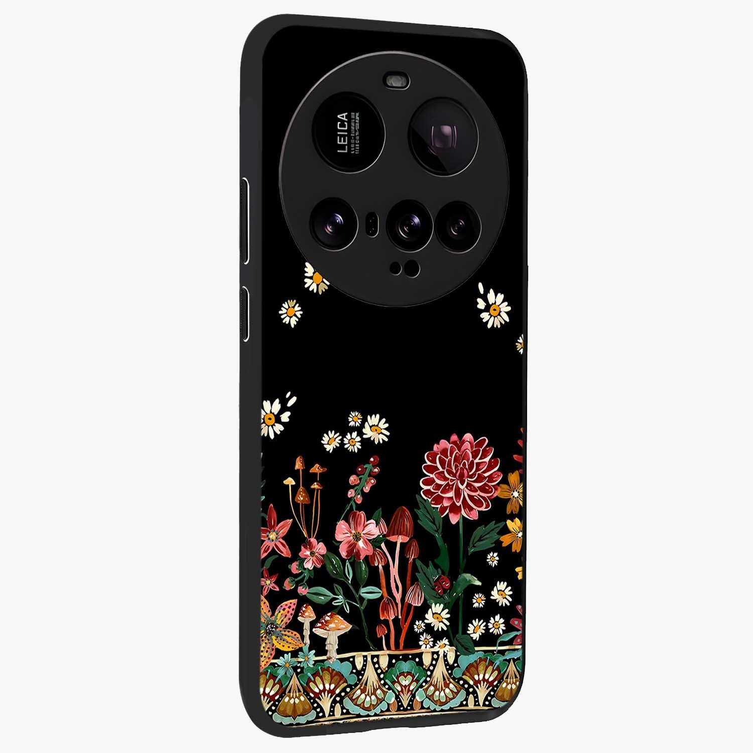Midnight Bloom Pattern Glass Case upright view showcasing decorative floral artwork with deep night themed palette.