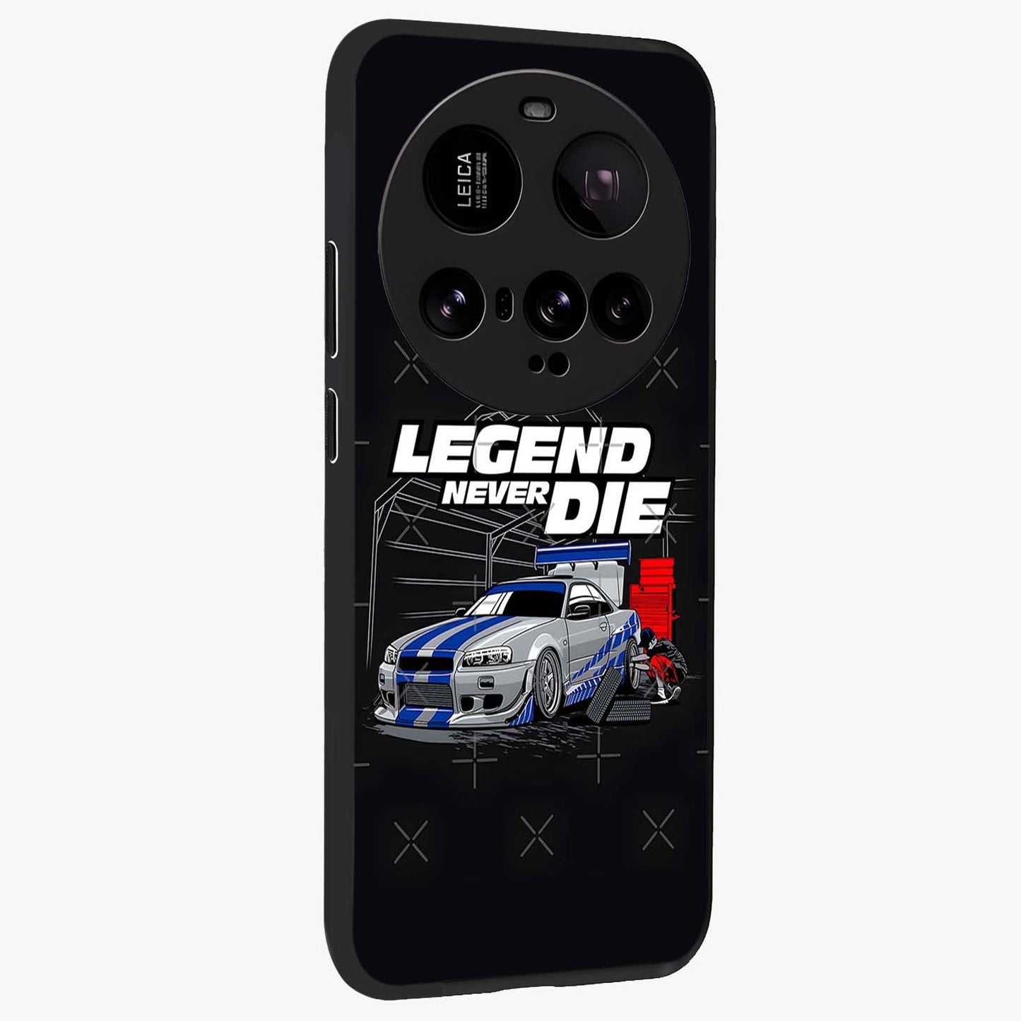 Midnight Racing Legacy Glass Case upright view showcasing powerful racing artwork with modern sports theme.