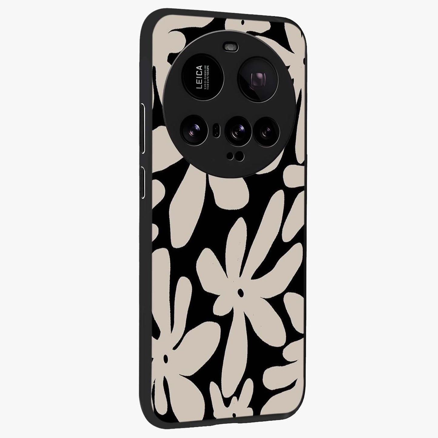 Monochrome Petal Dance Glass Case upright view showcasing artistic floral pattern with stylish monochrome theme.