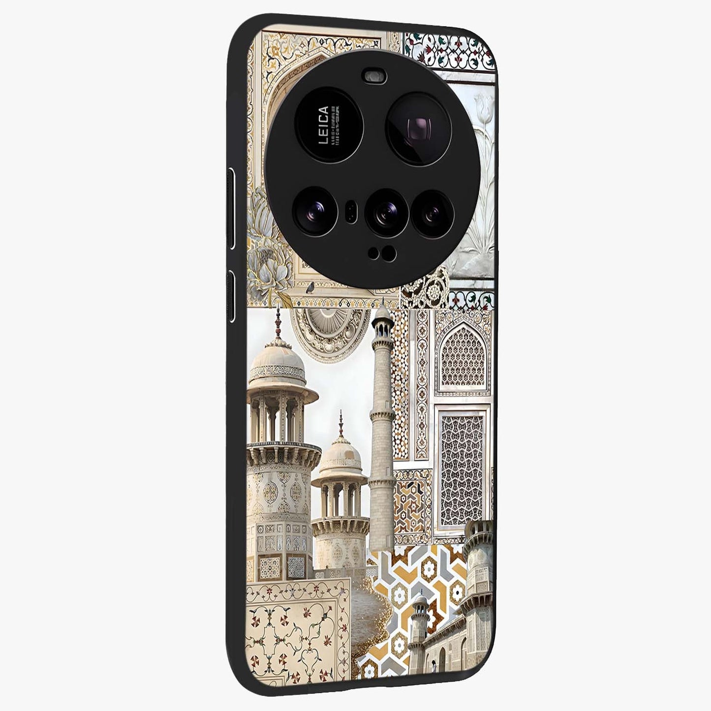 Mughal Marble Legacy Glass Case upright view showcasing ornate Mughal design with luxurious traditional theme.