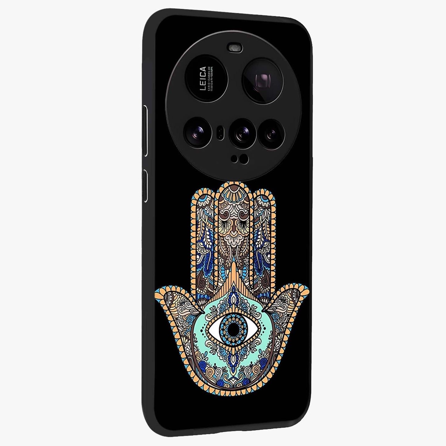 Mystic Hamsa Eye Glass Case upright view showcasing detailed hamsa eye artwork with protective spiritual theme.
