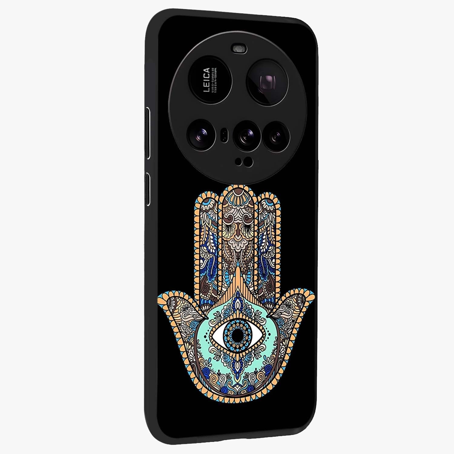 Mystic Hamsa Eye Glass Case upright view showcasing detailed hamsa eye artwork with protective spiritual theme.