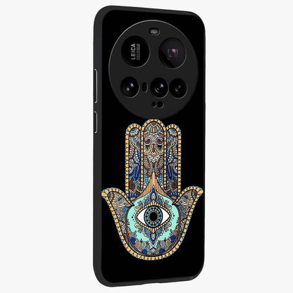 Mystic Hamsa Eye Glass Case upright view showcasing detailed hamsa eye artwork with protective spiritual theme.