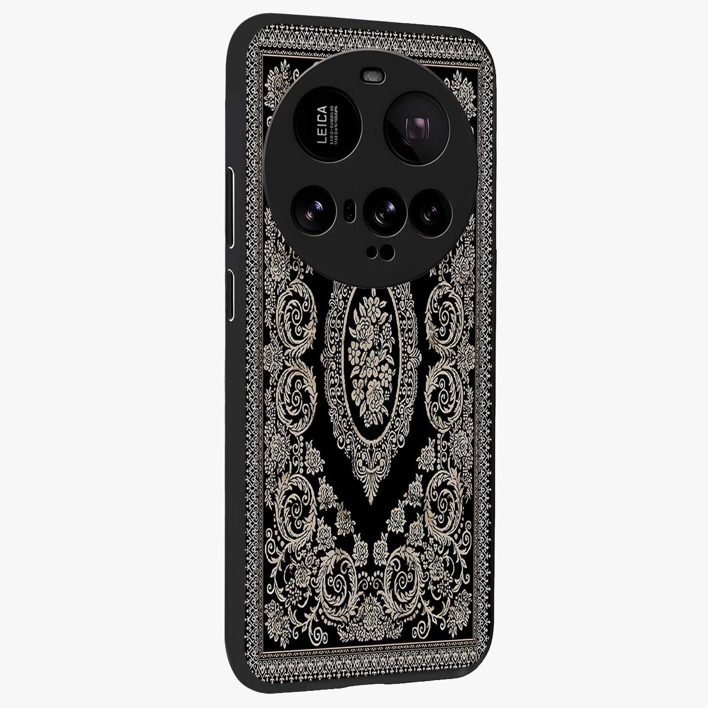 Noir Bloom Elegance Glass Case upright view showcasing graceful floral artwork with luxurious dark theme.