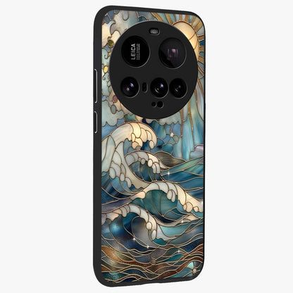 Oceanic Stained Printed Glass Case upright view showcasing decorative ocean pattern artwork with vibrant marine theme.