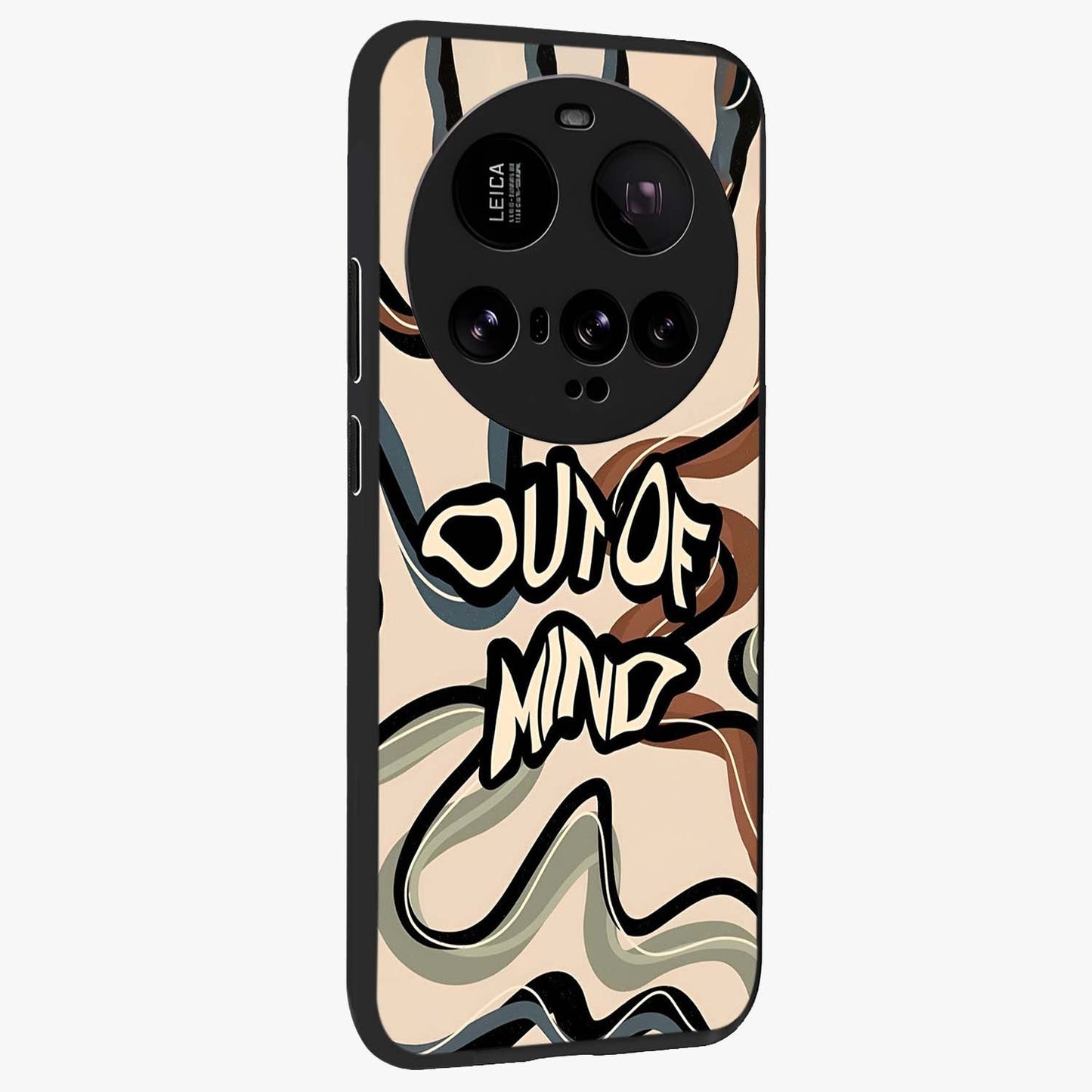 Out Of Mind Glass Case upright view showcasing striking typography artwork with edgy conceptual theme.