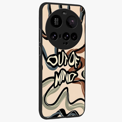 Out Of Mind Glass Case upright view showcasing striking typography artwork with edgy conceptual theme.