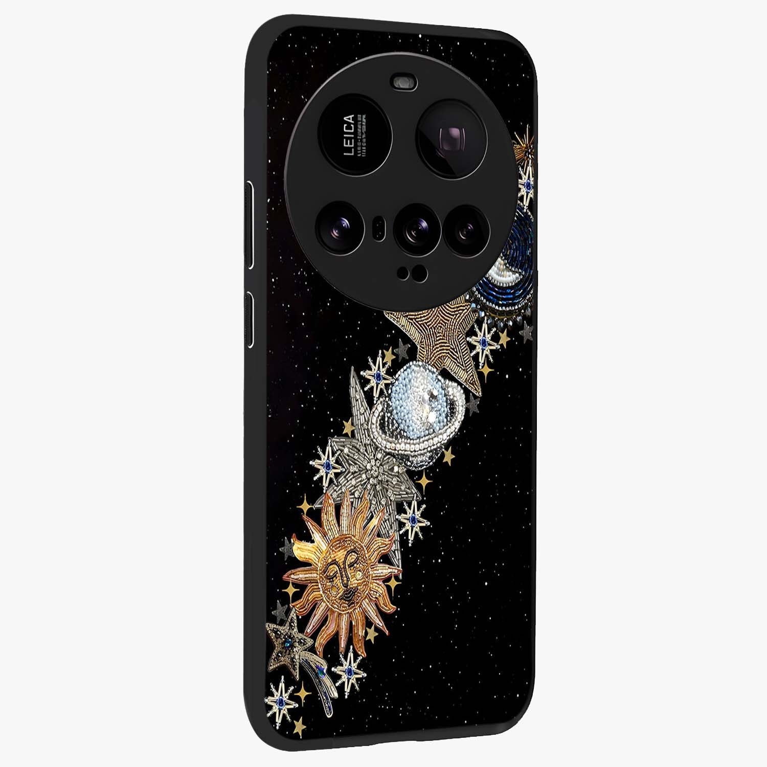 Pearls Universe Object Glass Case upright view showcasing decorative pearl themed artwork with cosmic elegance.