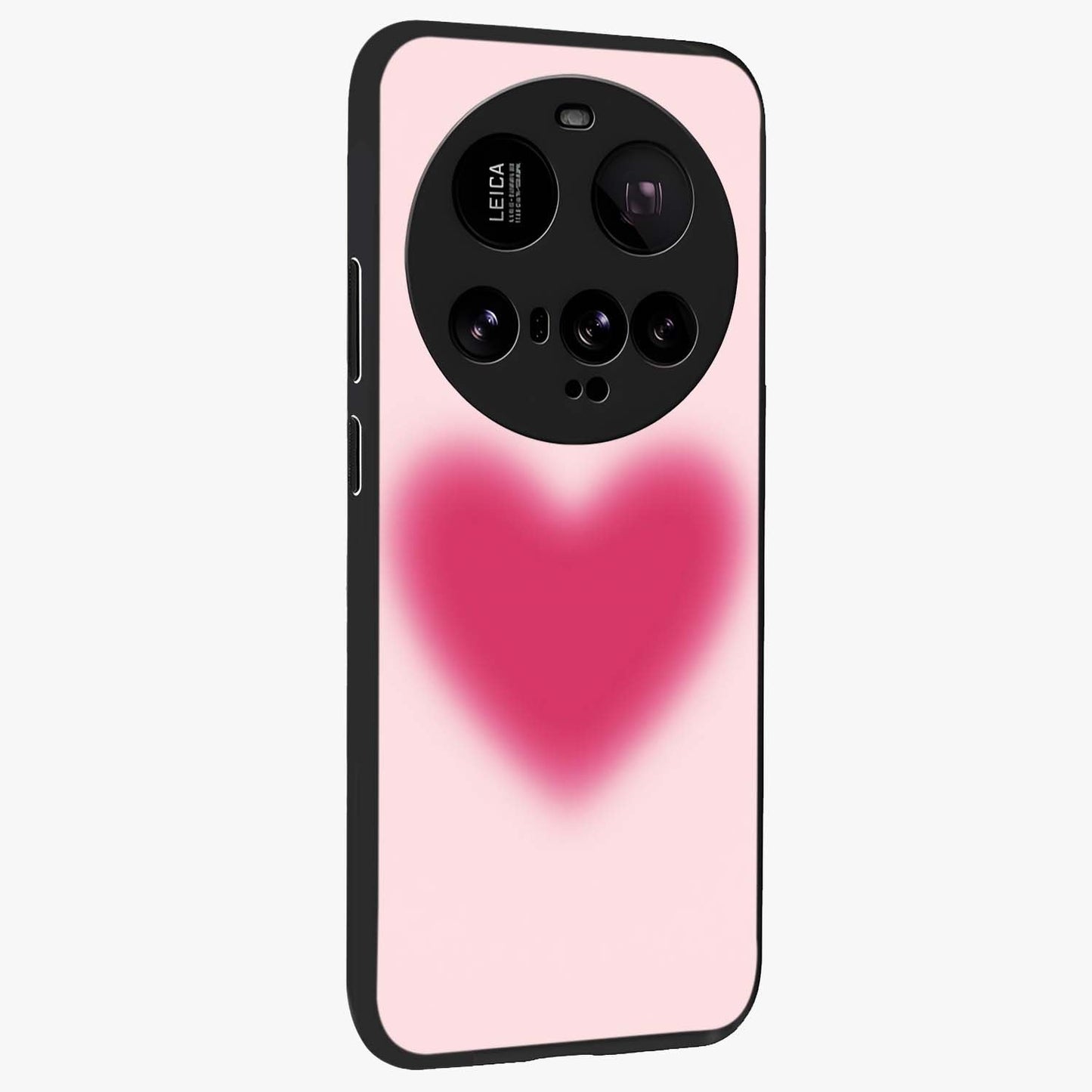 Pink Aura Heart Glass Case upright view showcasing romantic heart artwork with soft pastel theme.