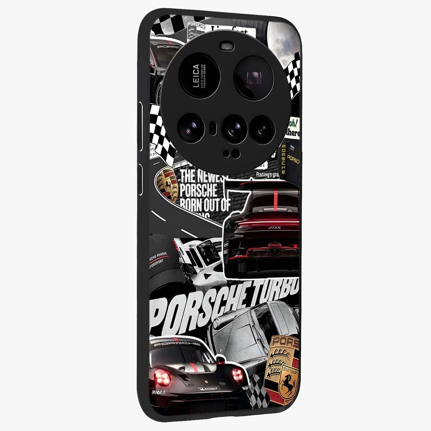 Porsche Racing Collage Glass Case upright view showcasing energetic car collage artwork with high speed racing theme.
