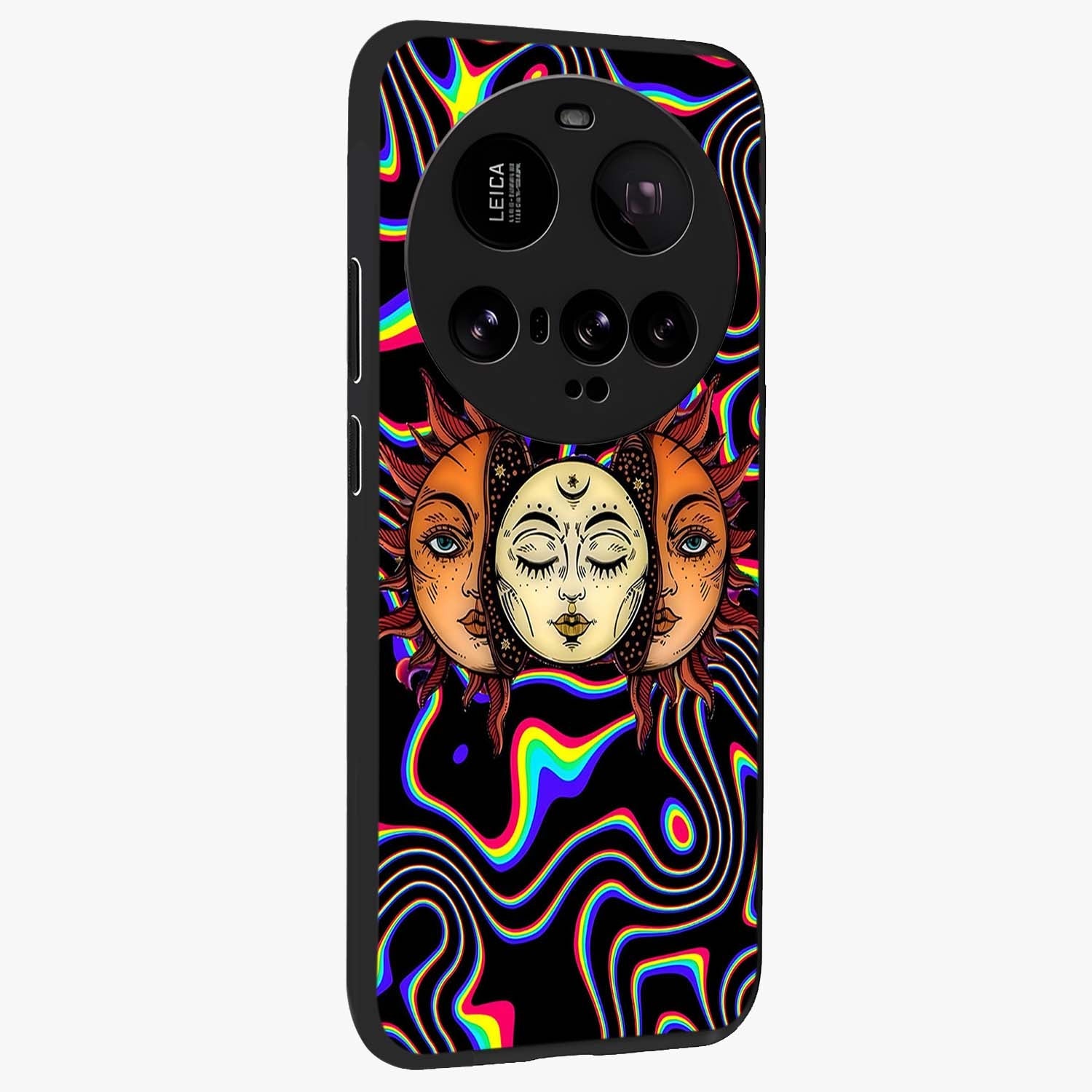 Psychedelic Sun Glass Case upright view showcasing trippy sun artwork with bold psychedelic theme.