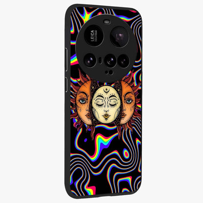 Psychedelic Sun Glass Case upright view showcasing trippy sun artwork with bold psychedelic theme.