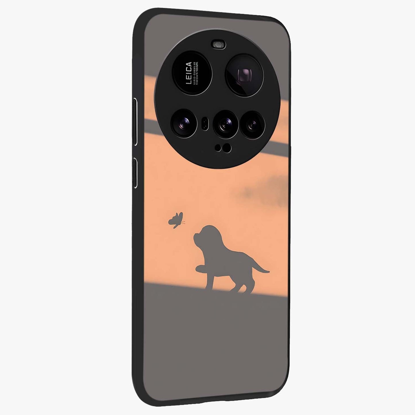 Puppy Shadow Art Glass Case upright view showcasing charming puppy artwork with creative silhouette theme.