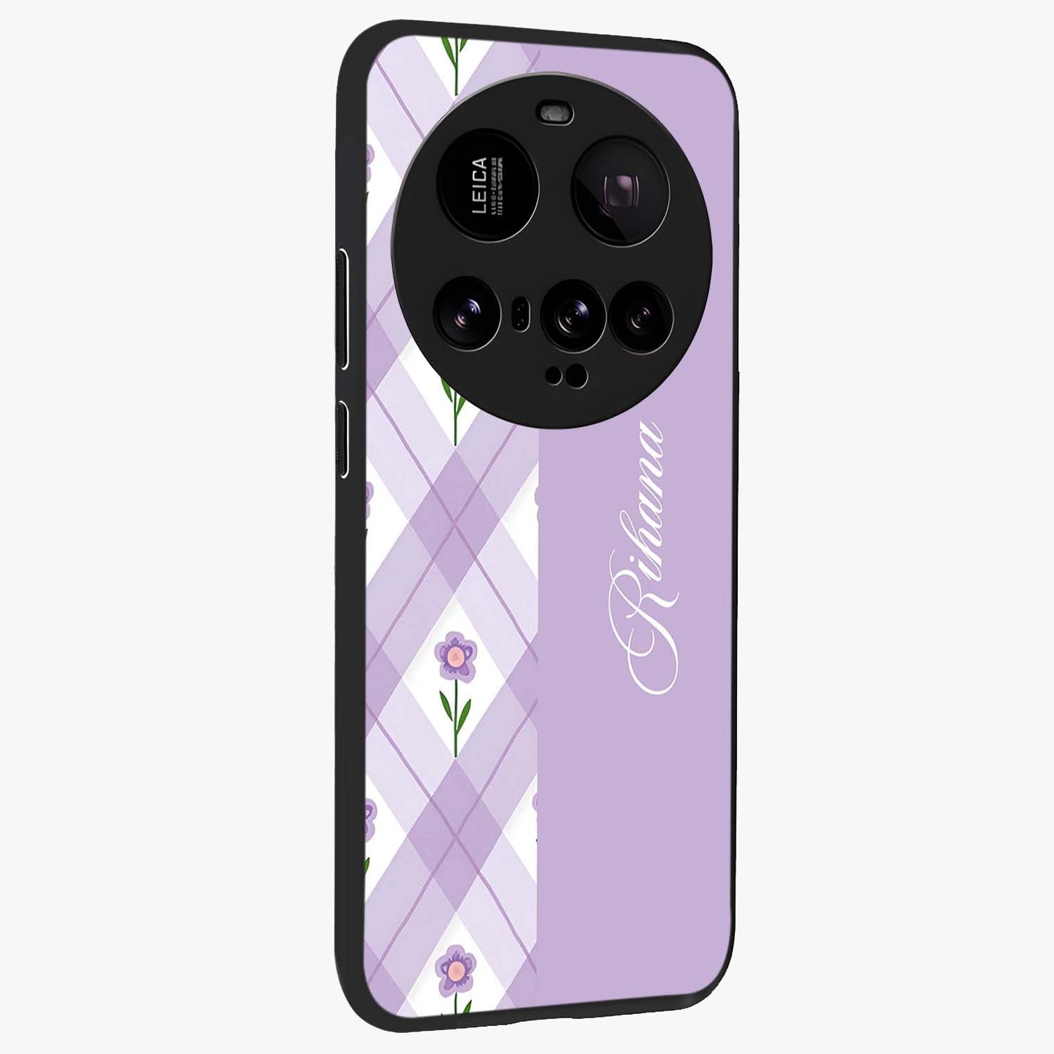 Purple Diamond Floral Glass Case upright view showcasing vibrant floral artwork with stylish geometric theme.