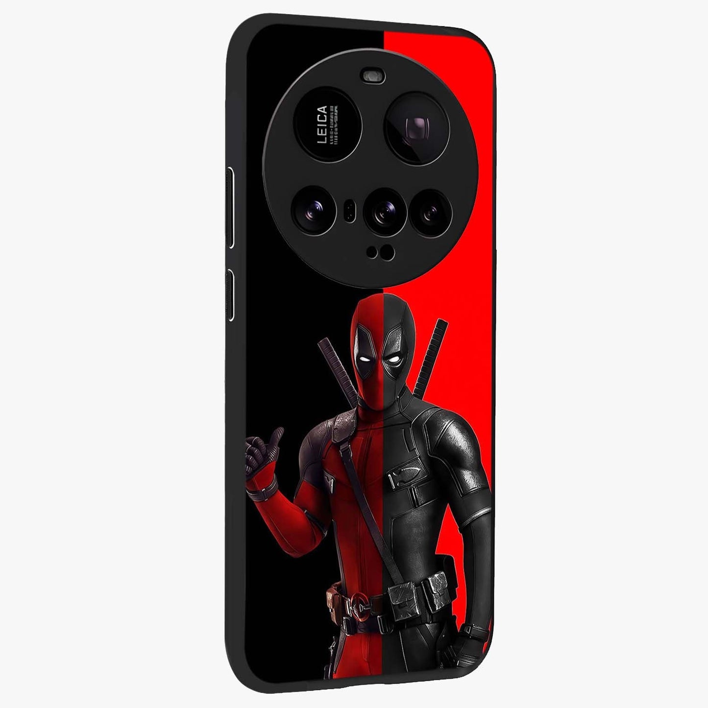 Red & Black Deadpool Theme Glass Case upright view showcasing energetic comic themed artwork with striking red and black design.