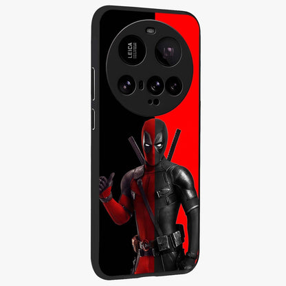 Red & Black Deadpool Theme Glass Case upright view showcasing energetic comic themed artwork with striking red and black design.