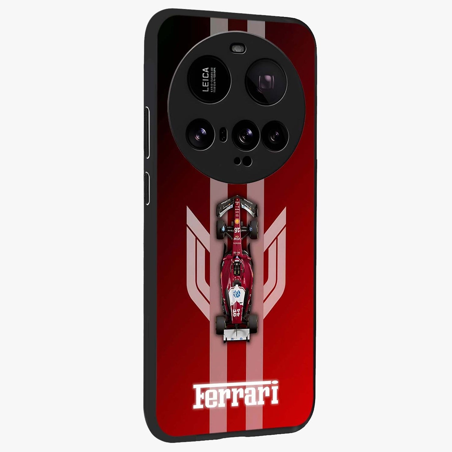 Red Ferrari F1 Vertical Glass Case upright view showcasing powerful Formula car artwork with dynamic motorsport theme.
