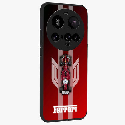 Red Ferrari F1 Vertical Glass Case upright view showcasing powerful Formula car artwork with dynamic motorsport theme.