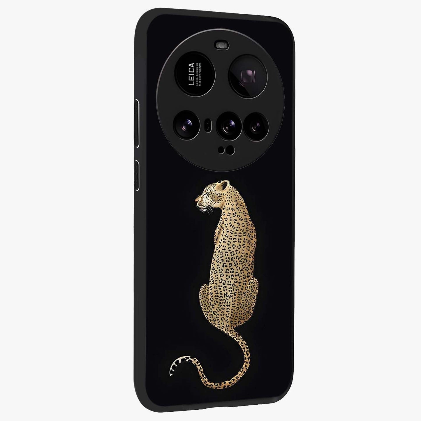 Regal Leopard Glass Case upright view showcasing striking leopard artwork with fierce wildlife theme.