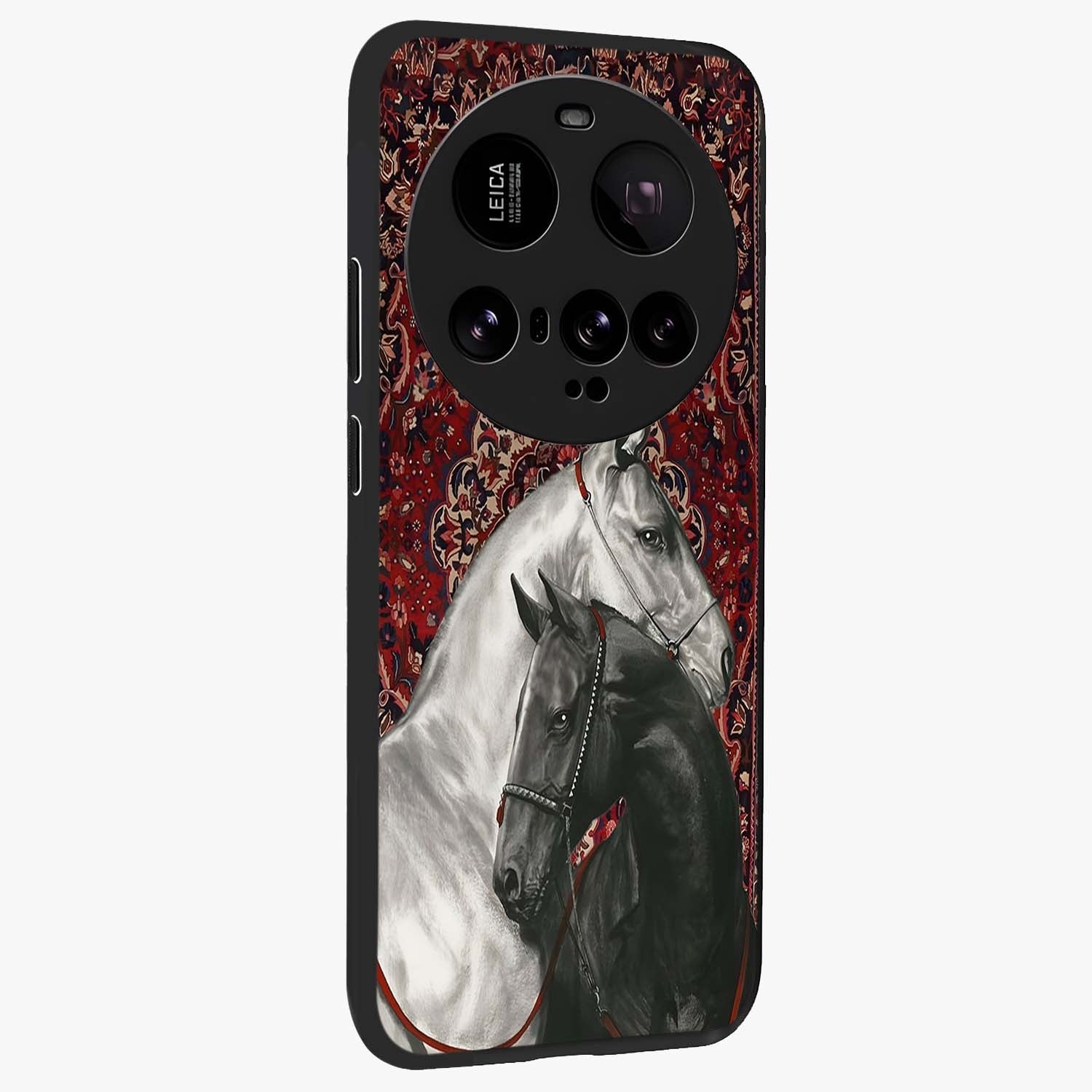 Regal Stallion Tapestry Glass Case upright view showcasing powerful horse artwork with elegant tapestry theme.