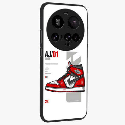 Retro Sneaker Blueprint Glass Case upright view showcasing stylish sneaker illustration with vintage streetwear theme.