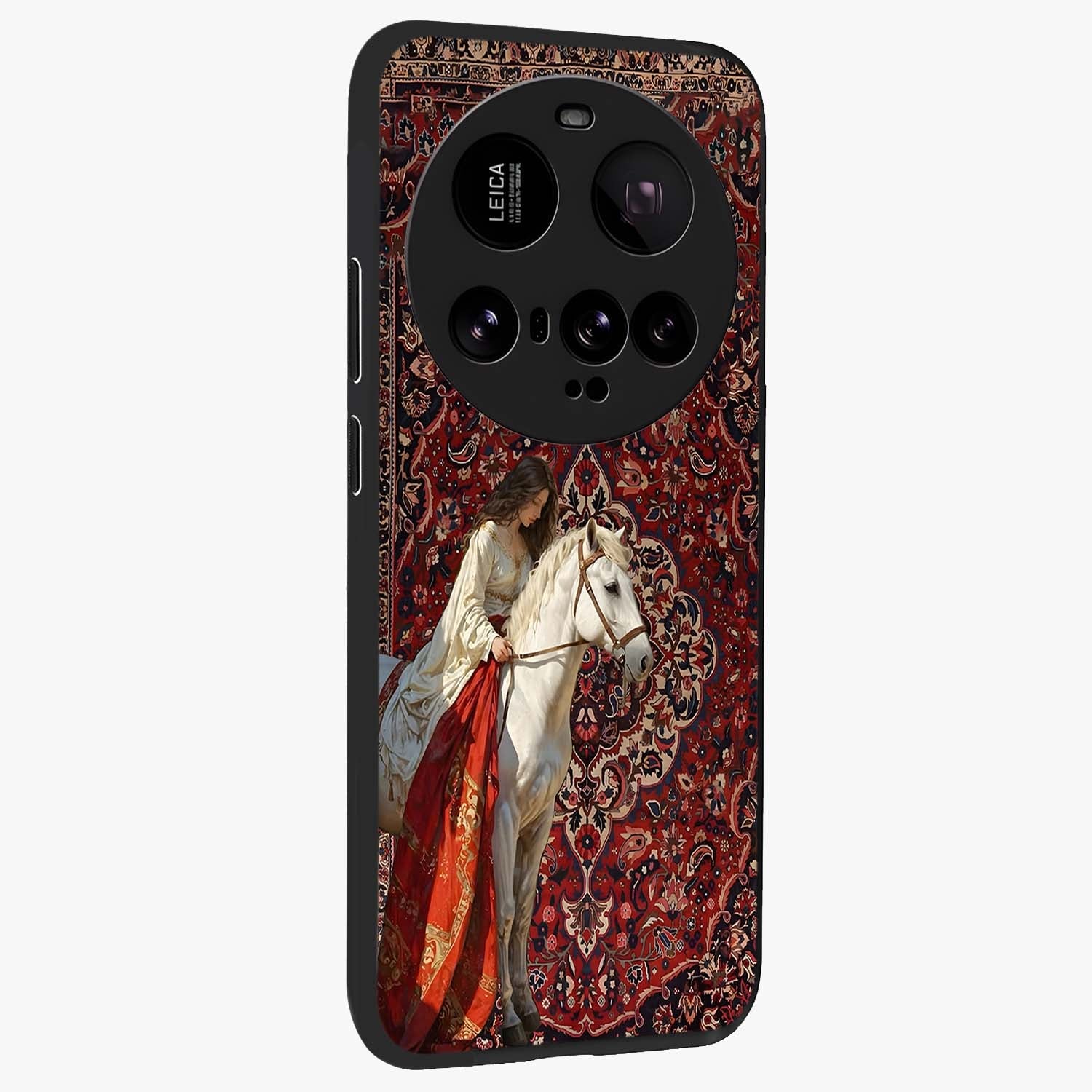 Royal Rider Tapestry Glass Case upright view showcasing detailed rider artwork with classic tapestry theme.