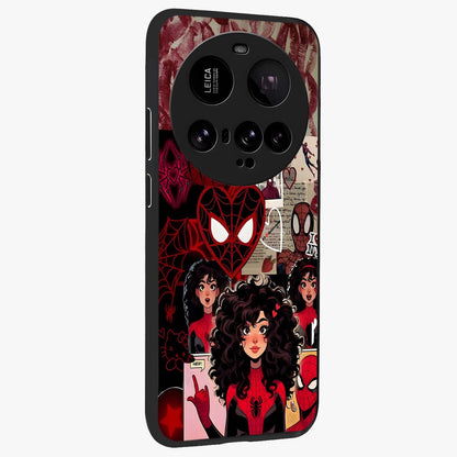 Spider Love Story Glass Case upright view showcasing charming superhero artwork with romantic comic theme.