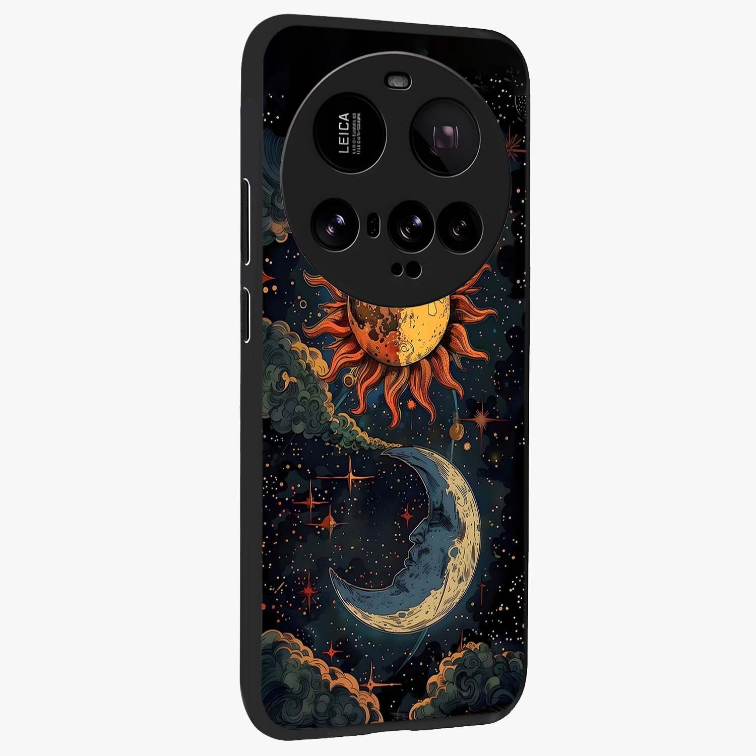 Sun And Moon Magic Design Glass Case upright view showcasing decorative sun and moon artwork with spiritual celestial theme.