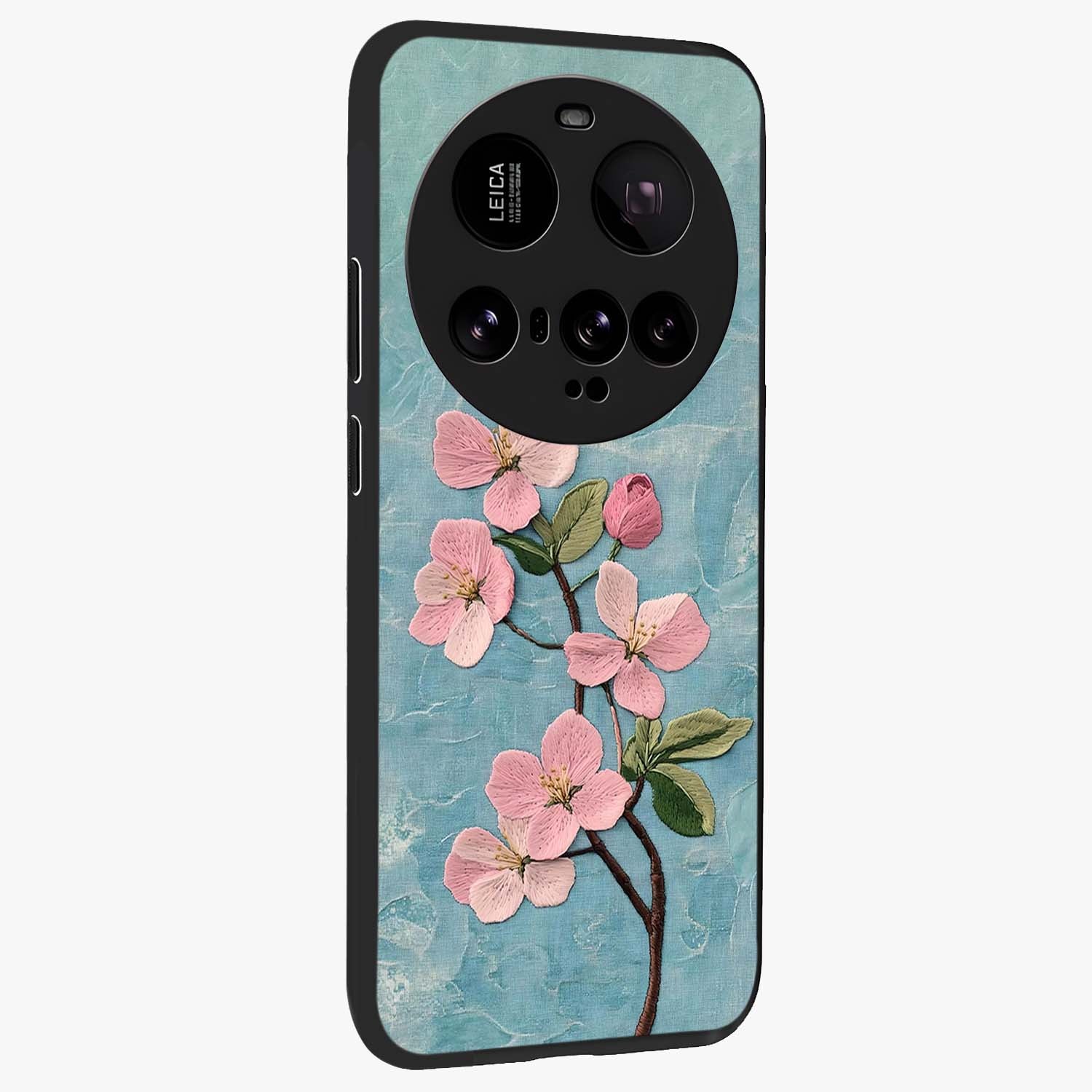 Threaded Blossom Breeze Glass Case upright view showcasing graceful flower artwork with calm botanical theme.