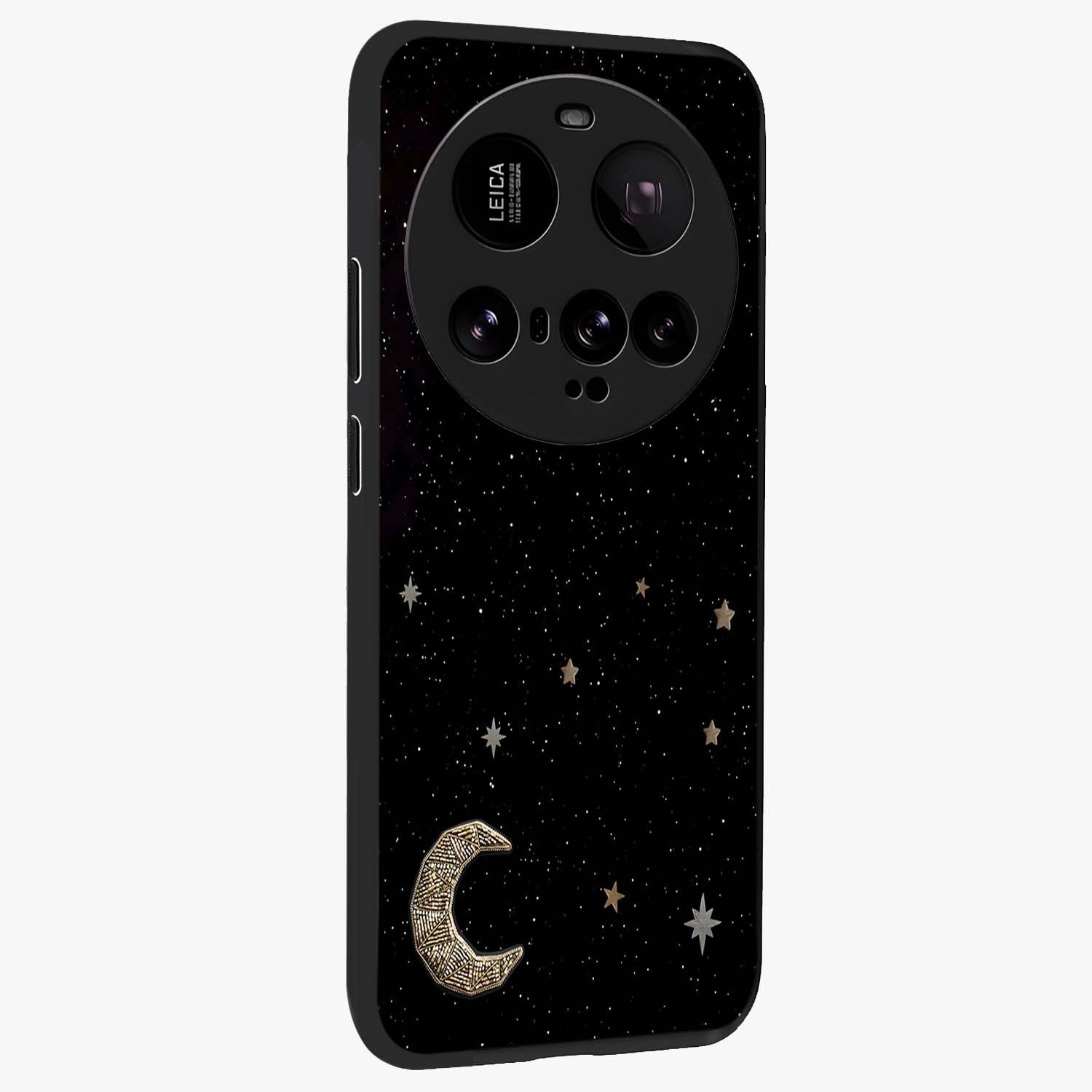 Twinkle Star With Half Moon Glass Case upright view showcasing glowing cosmic artwork with dreamy night theme.