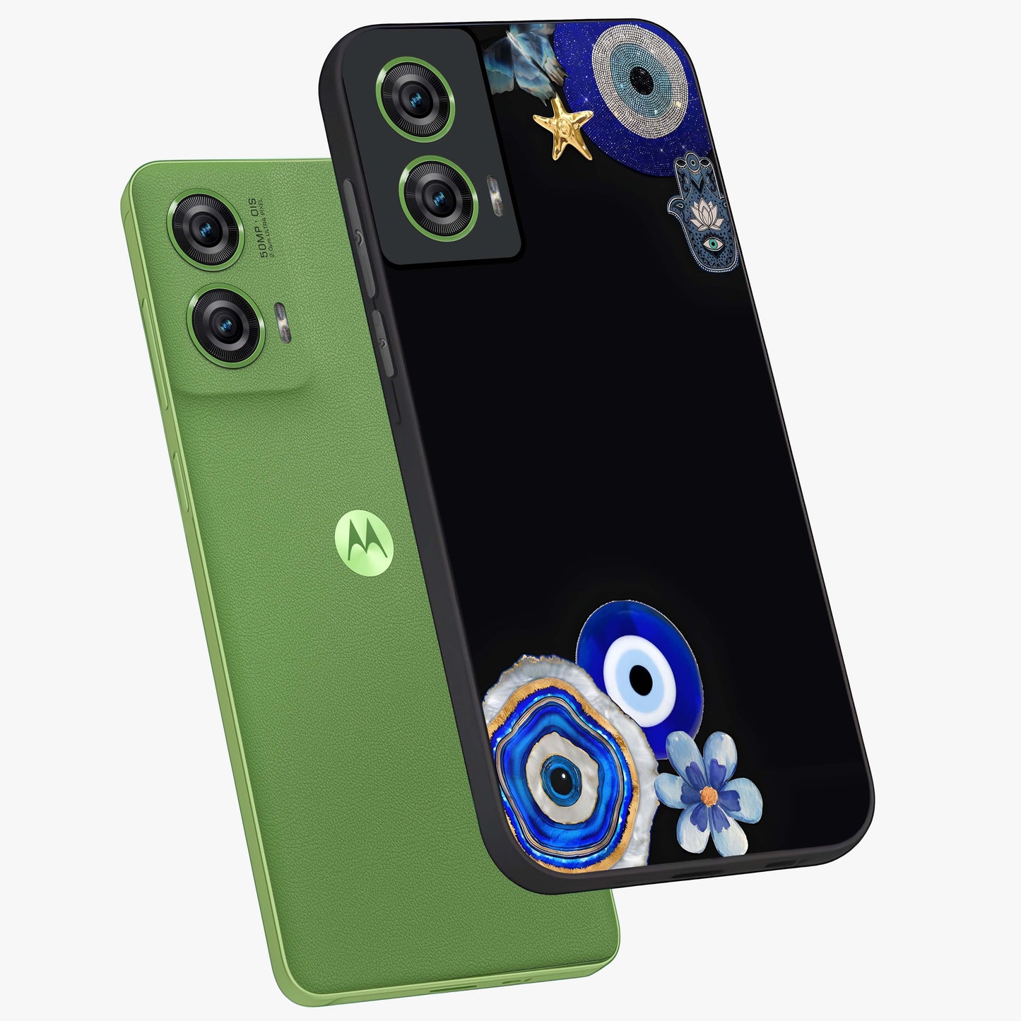 Aesthetic Blue Evil Eye Glass Case displayed in angled mockup highlighting blue evil eye symbol and spiritual aesthetic design.