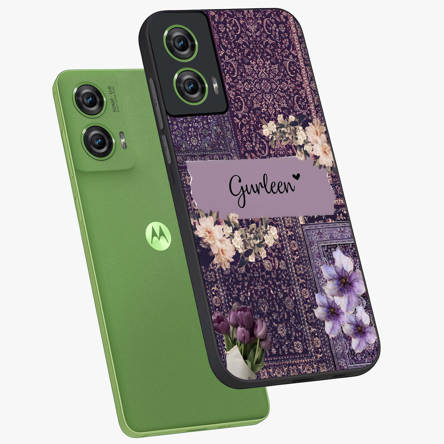 Antique Floral Whisper Custom Name Glass Case displayed in angled mockup highlighting elegant antique floral aesthetic.