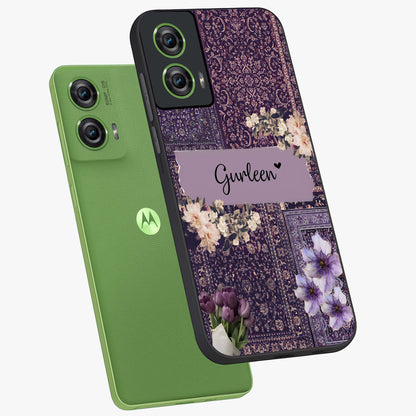 Antique Floral Whisper Custom Name Glass Case displayed in angled mockup highlighting elegant antique floral aesthetic.