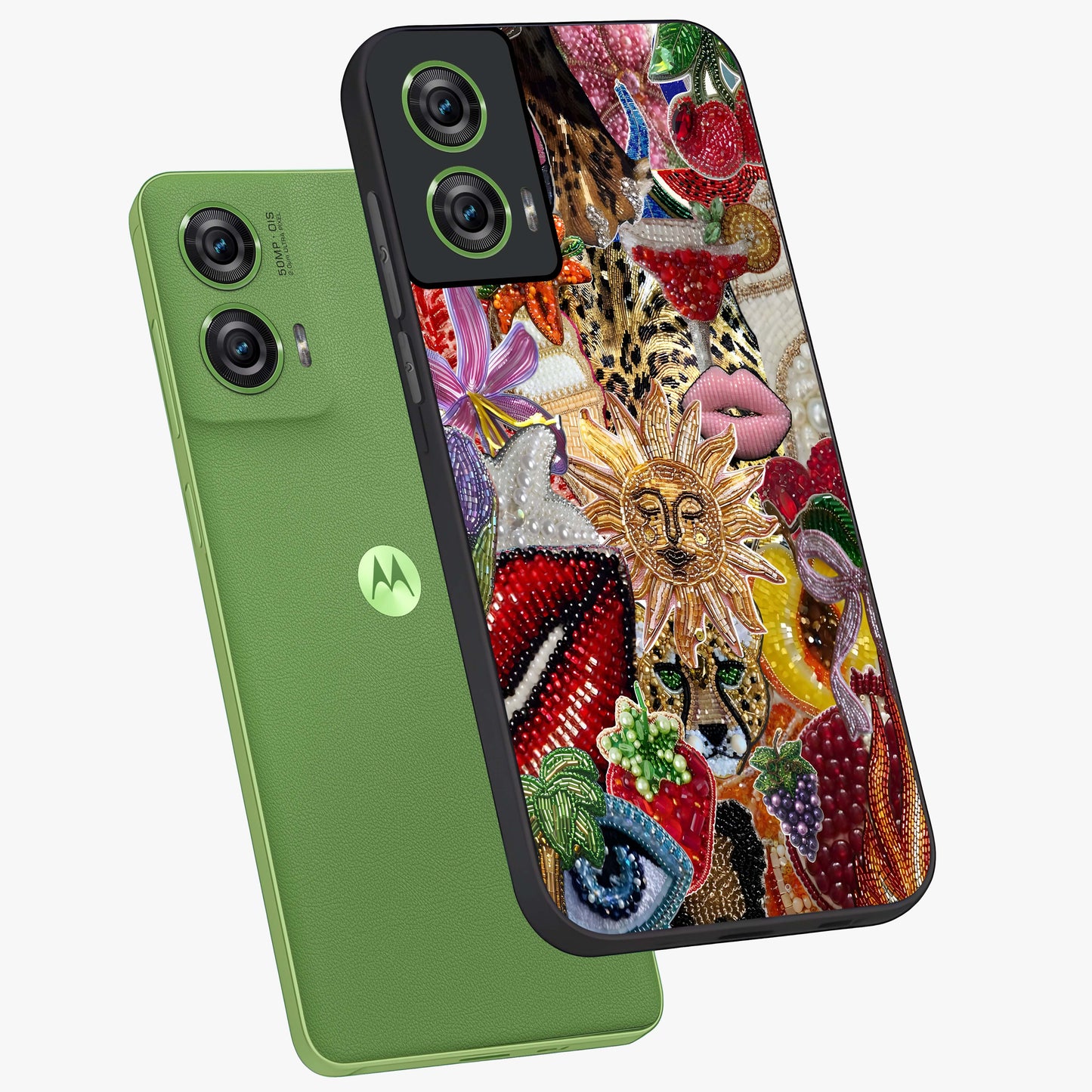 Beaded Fashion Jungle Glass Case displayed in angled mockup highlighting colorful fashion bead design and artistic pattern.