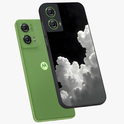 Black Background With White Cloud Glass Case displayed in angled mockup highlighting soft white cloud illustration and minimal design.