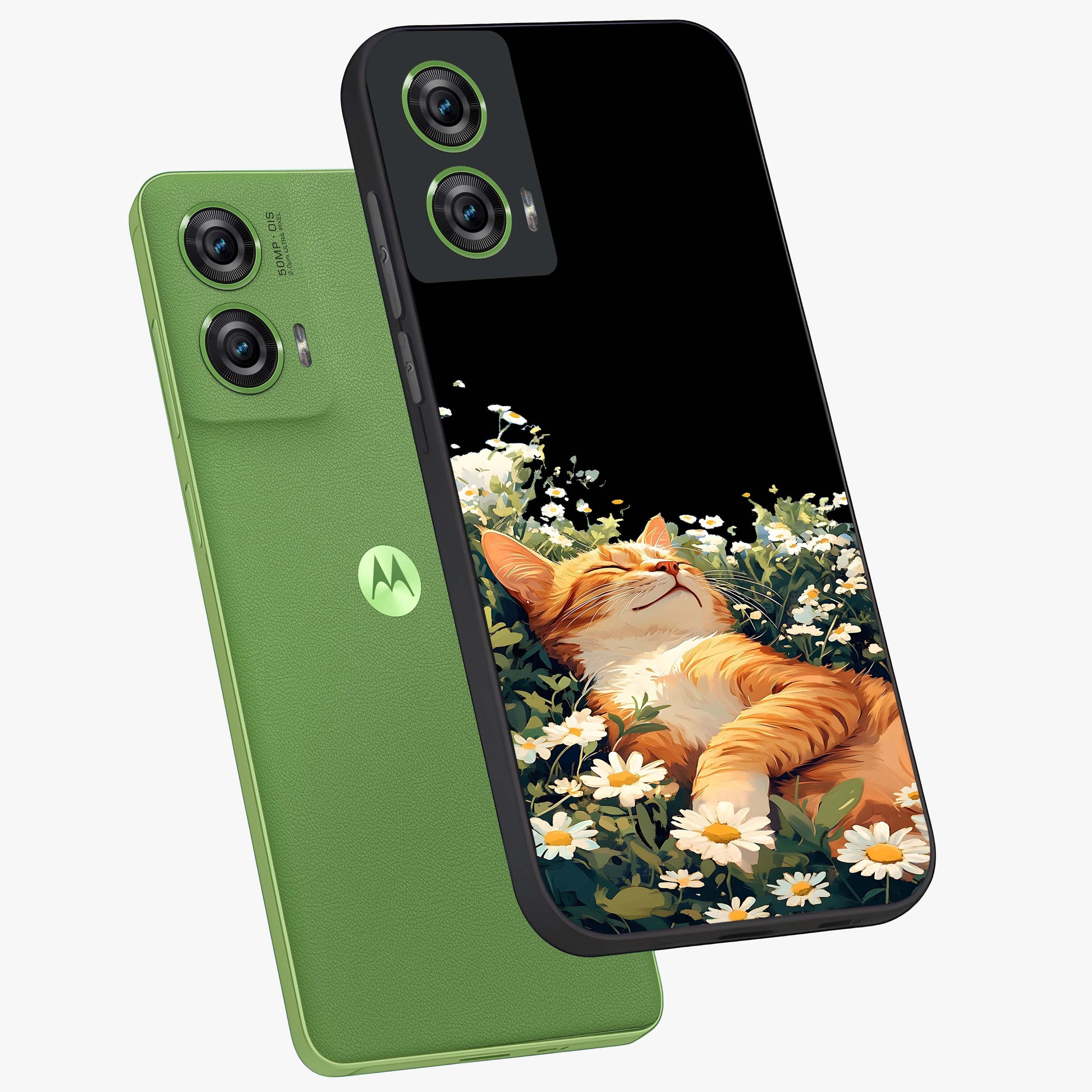 Blissful Bloom Cat Glass Case displayed in angled mockup highlighting playful feline illustration with soft floral aesthetic.