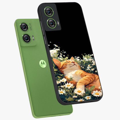 Blissful Bloom Cat Glass Case displayed in angled mockup highlighting playful feline illustration with soft floral aesthetic.