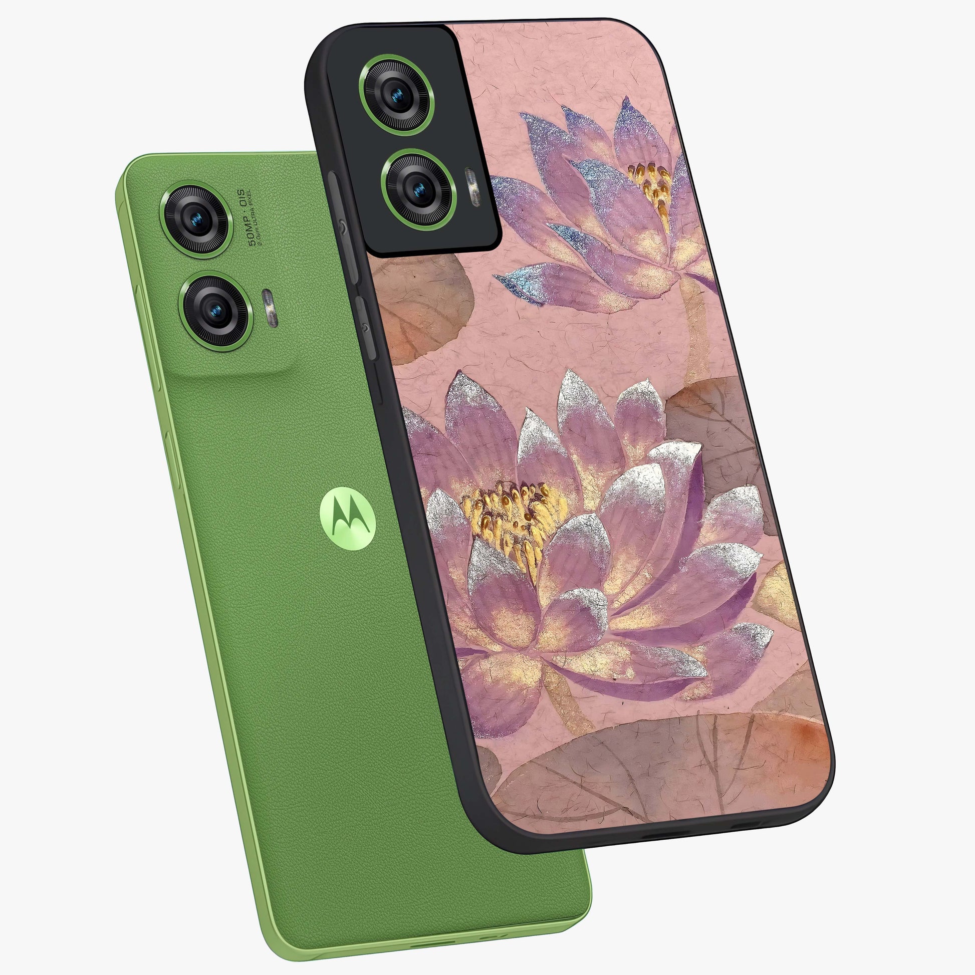 Blossom Mist Lotus Glass Case displayed in angled mockup highlighting delicate lotus illustration with calm aesthetic theme.