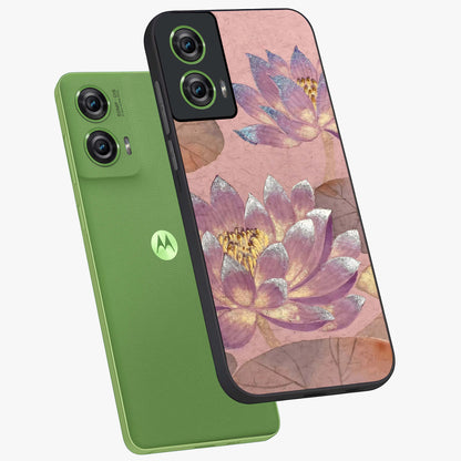 Blossom Mist Lotus Glass Case displayed in angled mockup highlighting delicate lotus illustration with calm aesthetic theme.