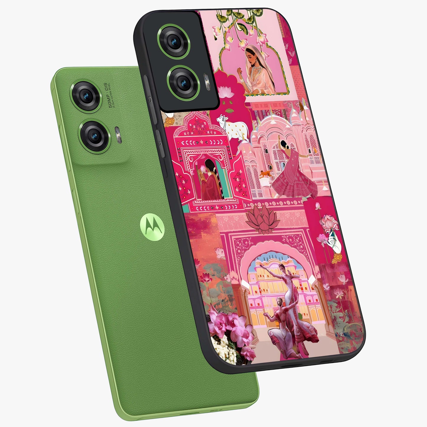 Blossoms of Rajasthan Glass Case displayed in angled mockup highlighting vibrant floral pattern with cultural aesthetic style.