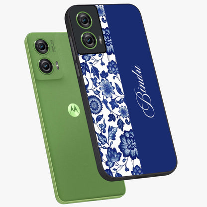 Blue Vintage Floral Pattern Glass Case displayed in angled mockup highlighting subtle bloom pattern with aesthetic pastel design.