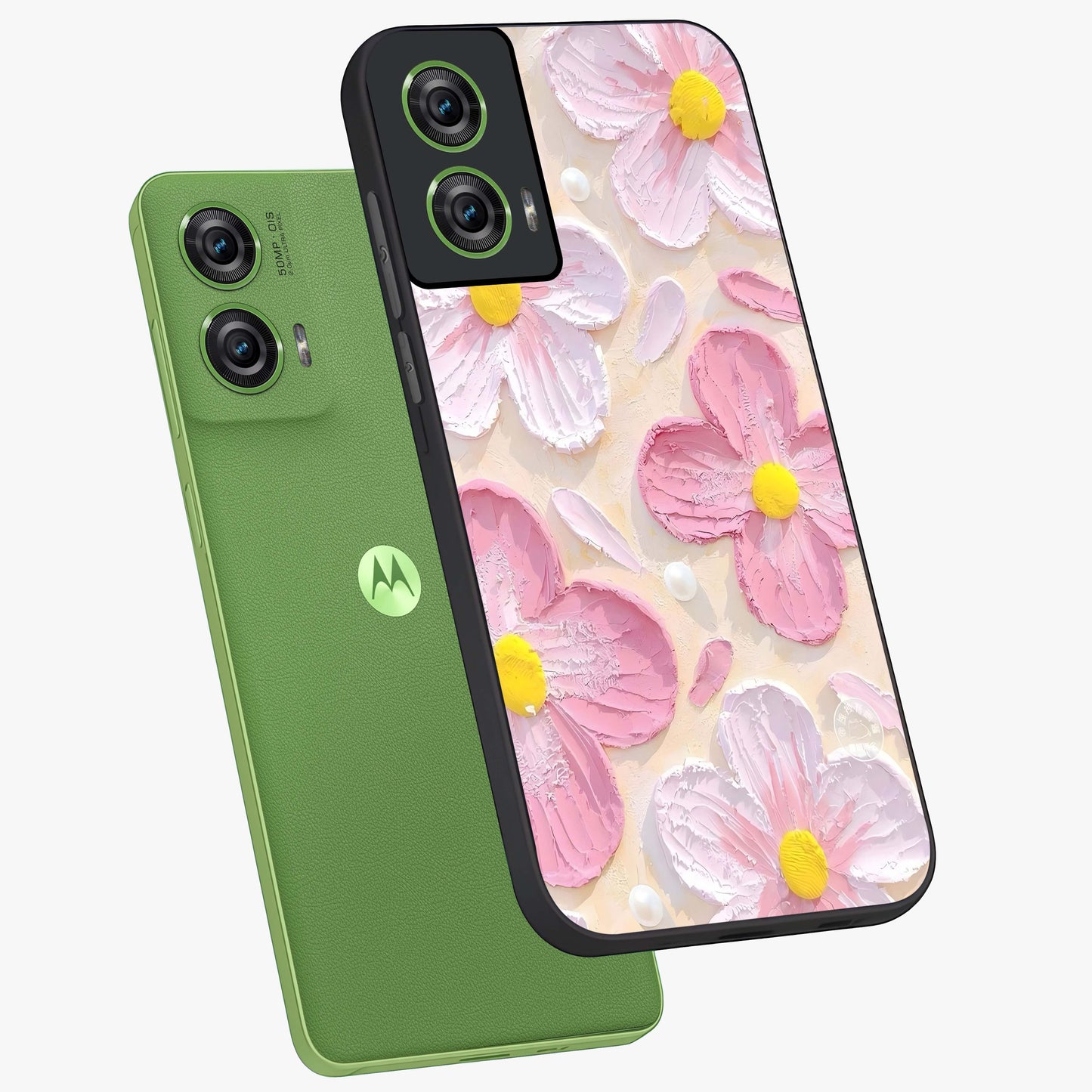 Blush Bloom Texture Glass Case displayed in angled mockup highlighting subtle bloom pattern with aesthetic pastel design.