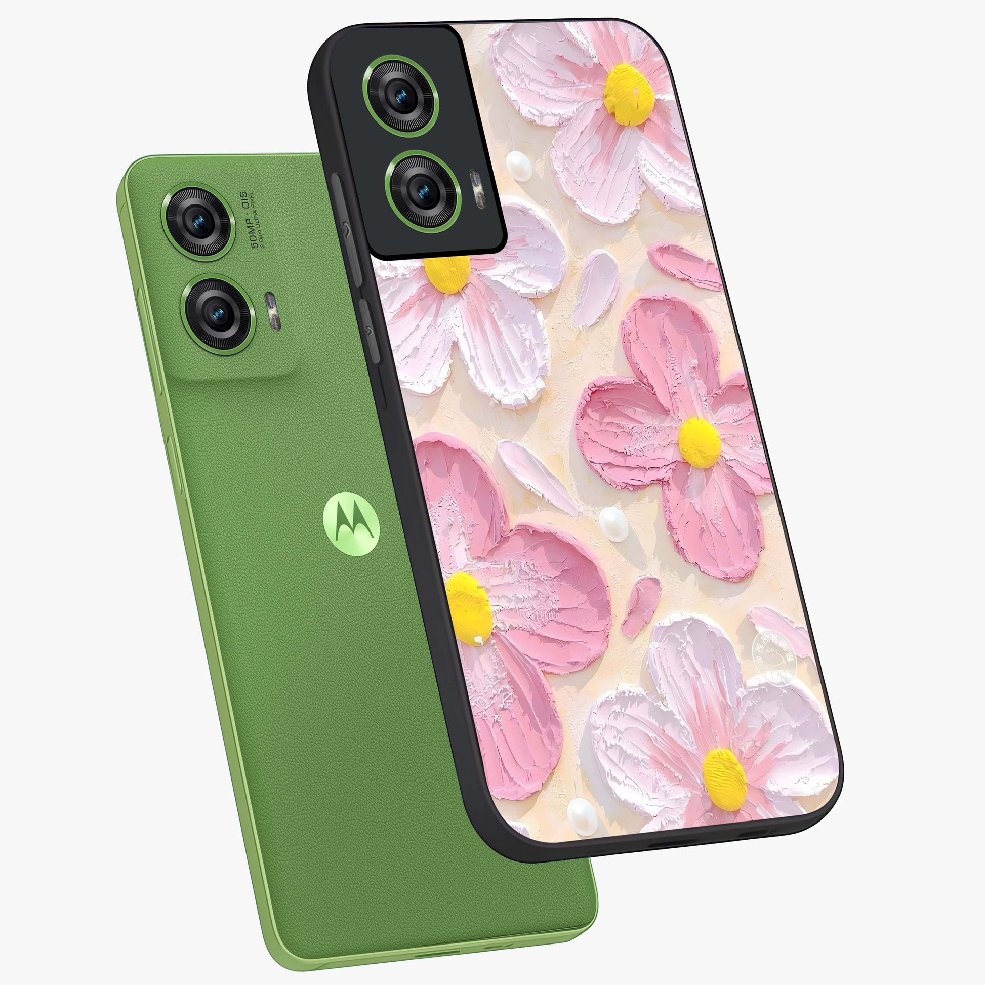 Blush Bloom Texture Glass Case displayed in angled mockup highlighting subtle bloom pattern with aesthetic pastel design.