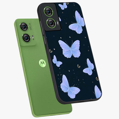 Butterfly With Stars Pattern Glass Case displayed in angled mockup highlighting dreamy butterfly and star design with aesthetic theme.