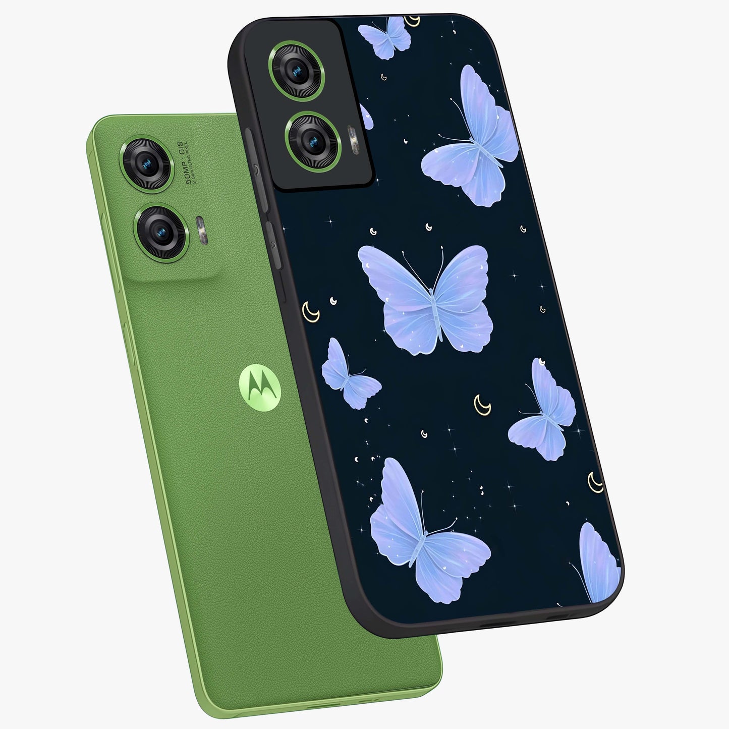 Butterfly With Stars Pattern Glass Case displayed in angled mockup highlighting dreamy butterfly and star design with aesthetic theme.