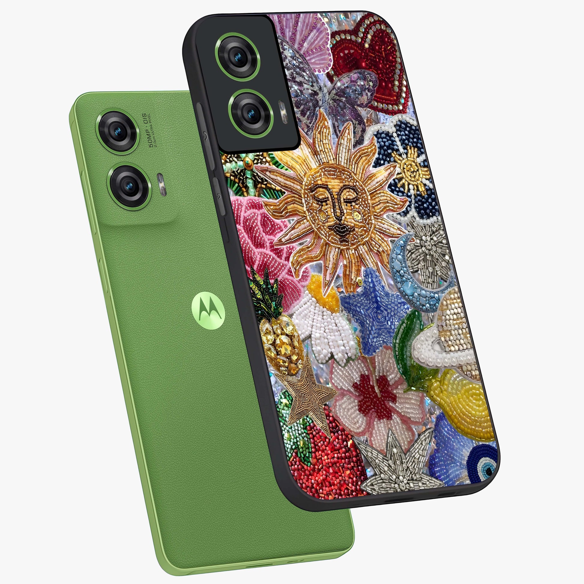 Celestial Floral and Playful Glass Case displayed in angled mockup highlighting playful floral design with dreamy celestial elements.